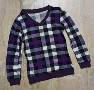 Purple Plaid V-Neck Woolen Top