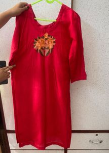 Vibrant Red Kurta with Floral Embroidery