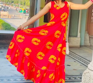Vibrant Red Ethnic Gown with Yellow Motif