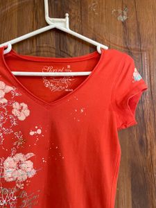 Orange V-Neck Floral Print T-Shirt