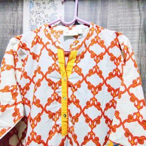 Orange & White Patterned Kurta