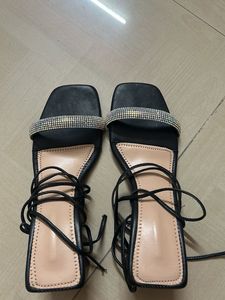 Black Lace-Up Sandals with Rhinestone Detail