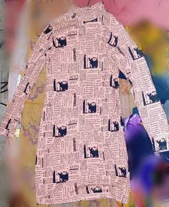 Pink Newspaper Print High-Neck Bodycon Dress