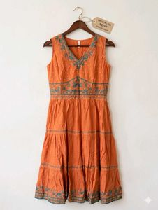 Orange Tiered Embroidered Midi Dress