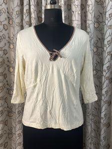Cream 3/4 Sleeve Top with Tie Neck
