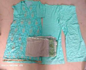 Embroidered Aqua Kurti Set With Duppta