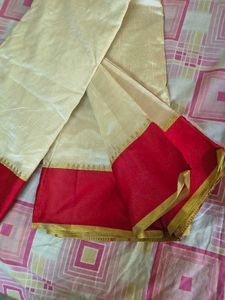 Elegant Cream &amp; Red Saree with Free Necklace