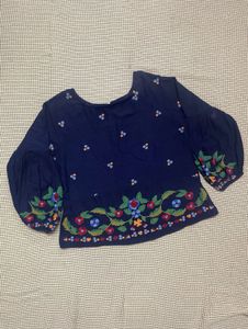 Zara Embroidered Navy Blue Blouse
