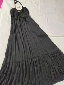 Elegant Black Satin Ruched  Dress