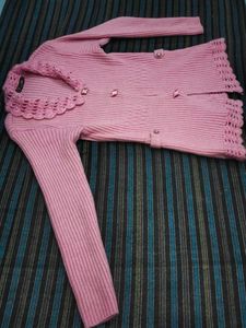 Pink Knitted Cardigan with Crochet Trim