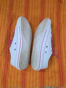 White Canvas Sneakers with Pink Laces