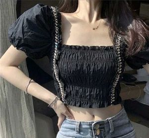 Black Smocked Puff Sleeve Crop Top