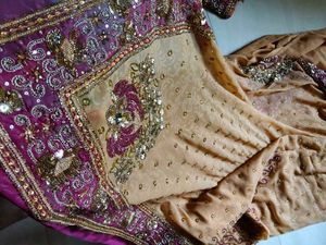 Embellished Beige Saree with Purple Border