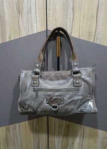 Stylish Grey Leather Handbag with Studs