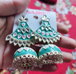 Green Jhumka Earrings with Pearls