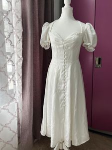 White Puff Sleeve Button-Up Midi Dress