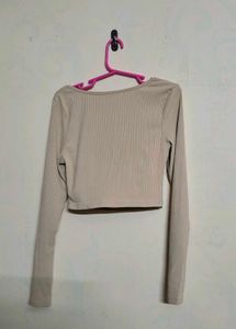 Ruched Square Neck Ribbed Long Sleeve Top