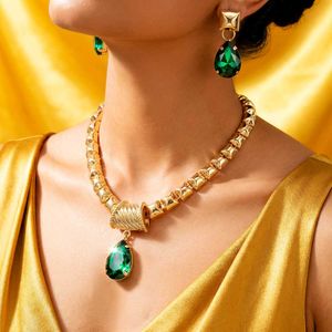 Gold Tone Emerald Drop Necklace & Earrings Set