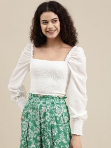 BERSHKA White Smocked Blouse with Puff Sleeves