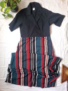 Chic Black Blazer Striped Dress