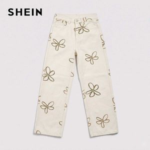 SHEIN Y2K Floral Outline Wide Leg Jeans (Beige)