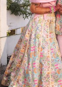 Designer Pink Brocade Blouse &amp; Printed Lehenga Set