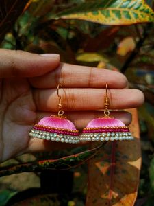 Pink Silk Thread Jhumka Earrings