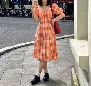 Cute Orange Gingham Puff Sleeve Dress