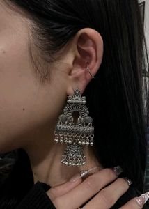 Huge Oxidized Silver Elephant Jhumka Earrings