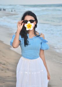 🦋Sky Blue Off-Shoulder Ruffle Cute Crop Top | Cot