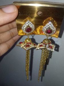 Stunning Gold Earrings with Red &amp; White Stones