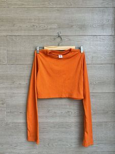 Orange Ribbed Cropped Long Sleeve Top