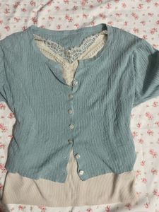 Soft Blue Lace Trim Cardigan