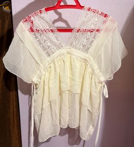 Cream Lace Trimmed Flutter Sleeve Top