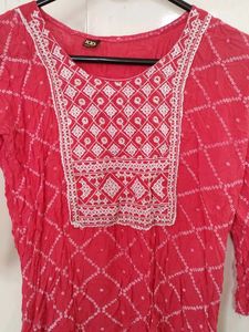 Pink Bandhani Kurti with White Embroidery