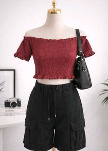 Off-Shoulder Smocked Crop Top