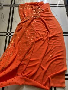 Orange Sequined Saree with attached blouse piece