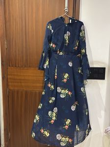 Elegant Navy Blue Floral Maxi Dress with Bell Slee