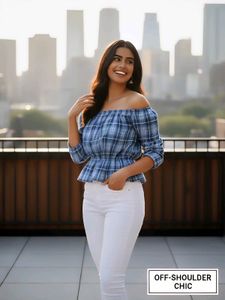 Blue Plaid Off-Shoulder Top