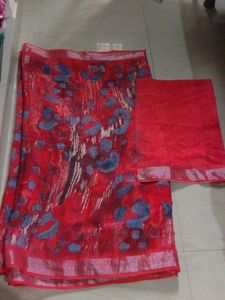 Red Floral Print Linen Saree