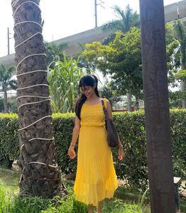 Vibrant Yellow Pleated Midi Dress
