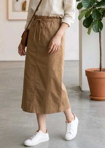 Brown Midi Skirt with Drawstring Waist