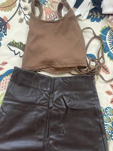 Ribbed Lace-Up Crop Top &amp; Faux Leather Skirt Set