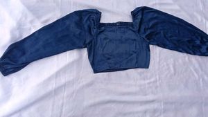 satin Navy Blue Square Neck Puff Sleeve Top