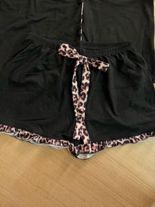 Black Pajama Set with Leopard Print Trim