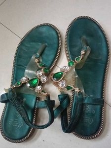 Embellished Emerald Green Flat Sandals