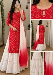 Red Bandhani Style Kurti - Skirt Set.