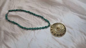 Green Beaded Medallion Necklace- NEW STOCK