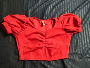 Red Puff Sleeve Ruched Crop Top