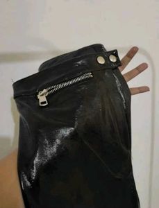 Shiny Black High-Waisted Pants and maroon top
